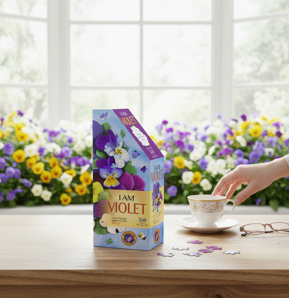 Mellow Monkey I Am Violet floral shaped pansy puzzle, 350 pieces, featuring purple, yellow, and white pansies.