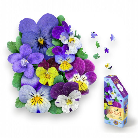 Mellow Monkey I Am Violet floral shaped pansy puzzle, 350 pieces, featuring purple, yellow, and white pansies.