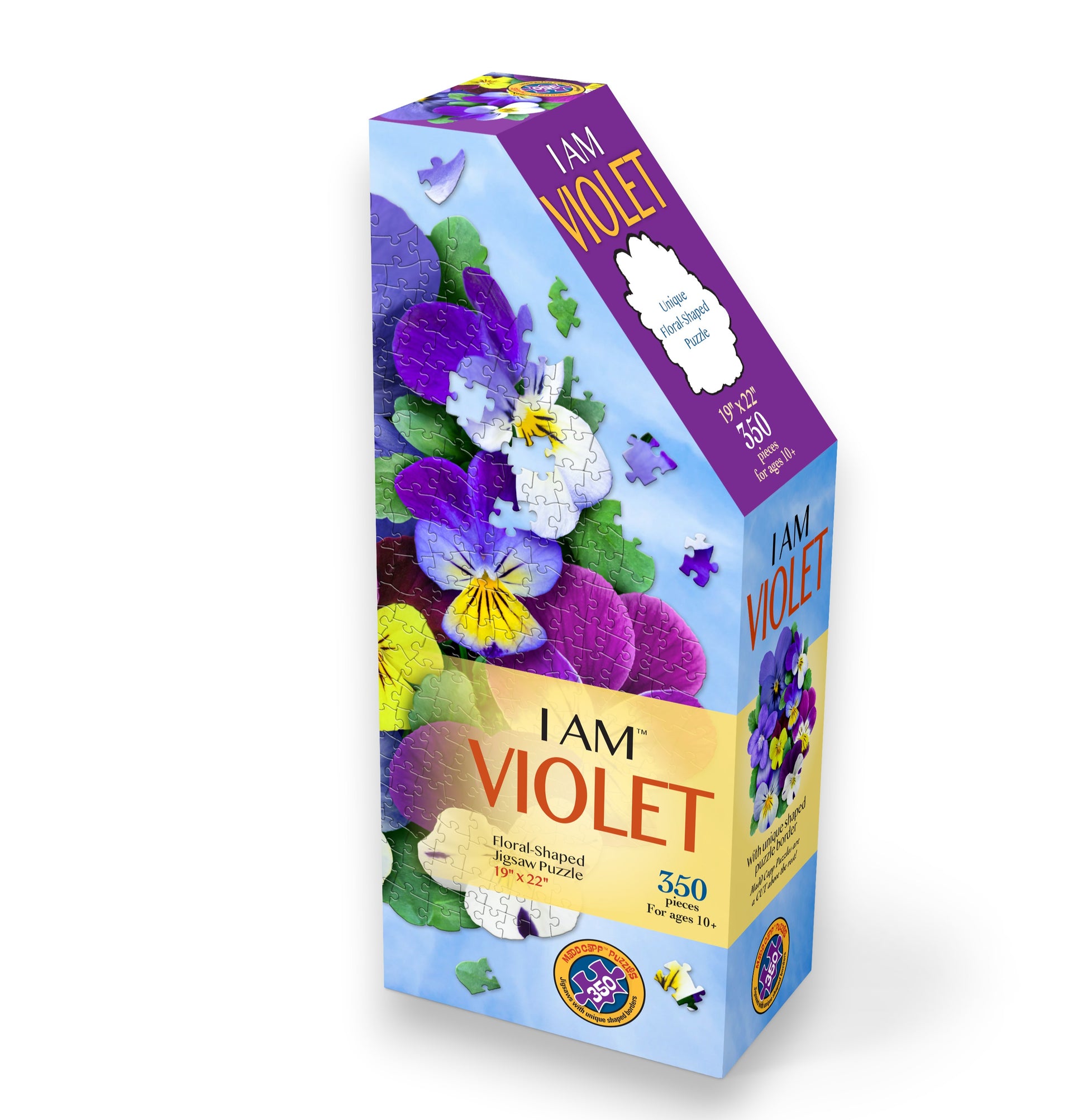 Mellow Monkey I Am Violet floral shaped pansy puzzle, 350 pieces, featuring purple, yellow, and white pansies.