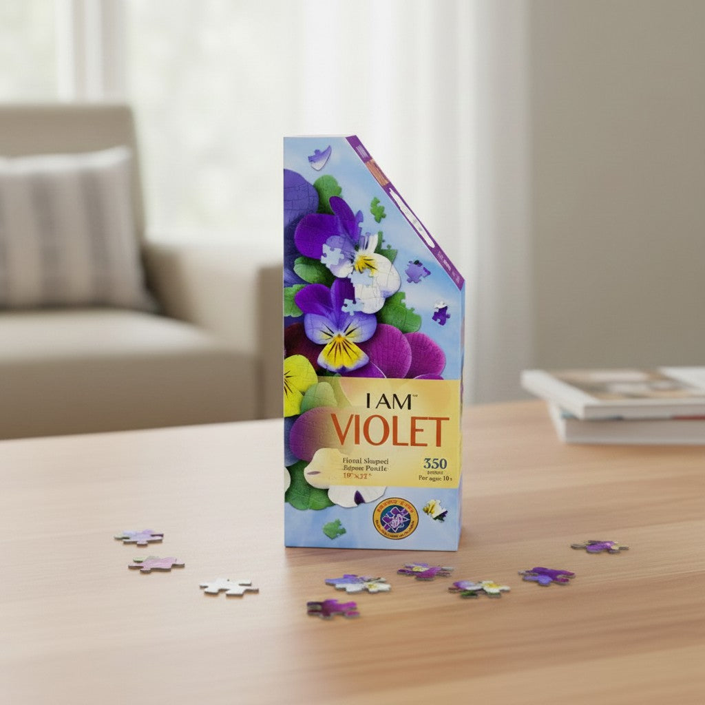 Mellow Monkey I Am Violet floral shaped pansy puzzle, 350 pieces, featuring purple, yellow, and white pansies.