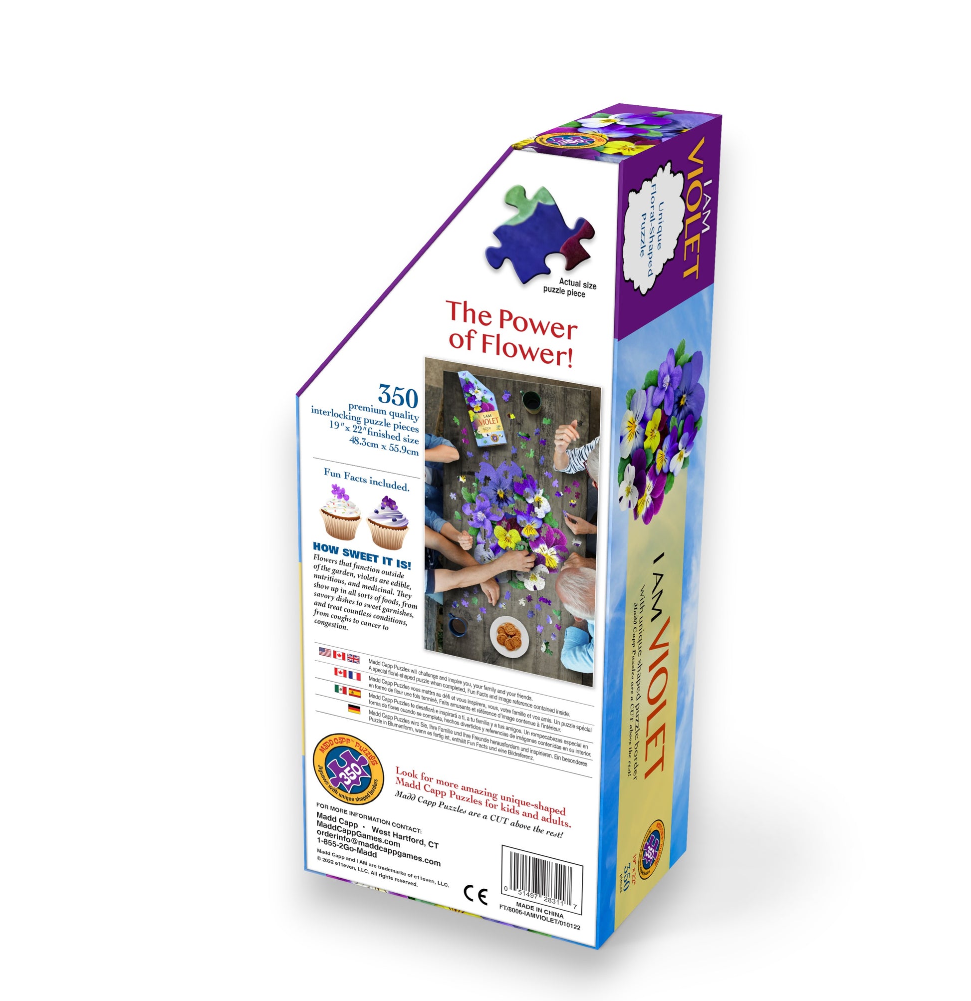 Mellow Monkey I Am Violet floral shaped pansy puzzle, 350 interlocking pieces, featuring purple, yellow, and white pansies.