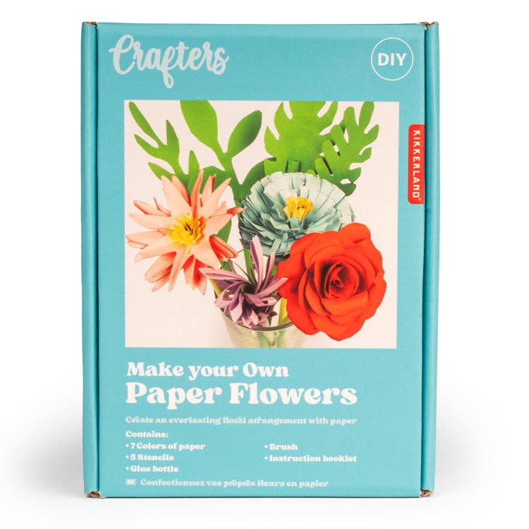 Mellow Monkey Crafters Paper Flowers DIY kit box featuring colorful paper rose, lily, lavender, and carnation designs.