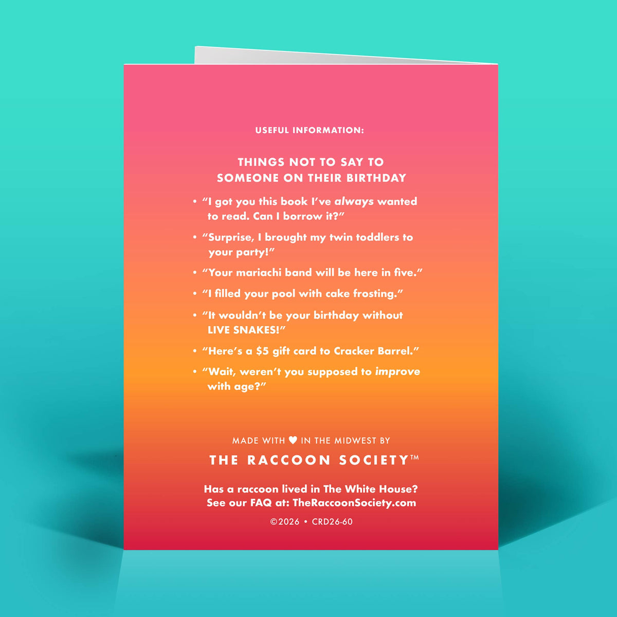 Mellow Monkey Party Fowl birthday greeting card with humorous text on a vibrant pink and orange gradient background.