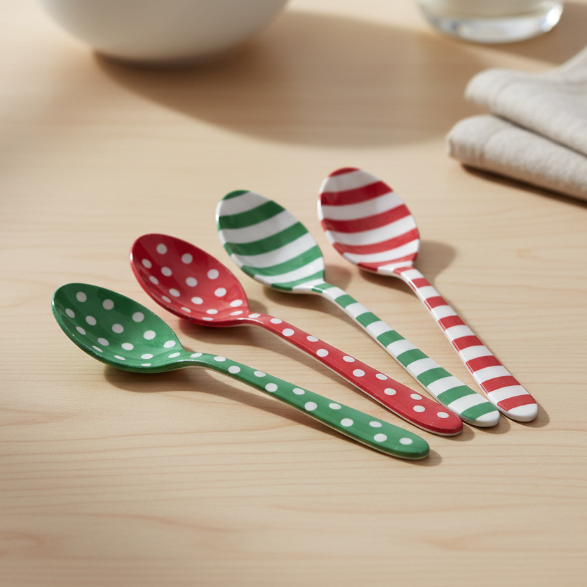 Mellow Monkey stainless steel spoons featuring festive red, green, and white polka dot and striped patterns.