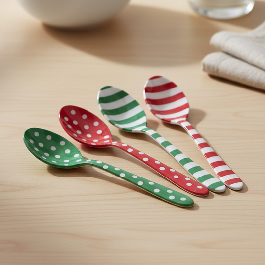 Mellow Monkey stainless steel spoons featuring festive red, green, and white polka dot and striped patterns.