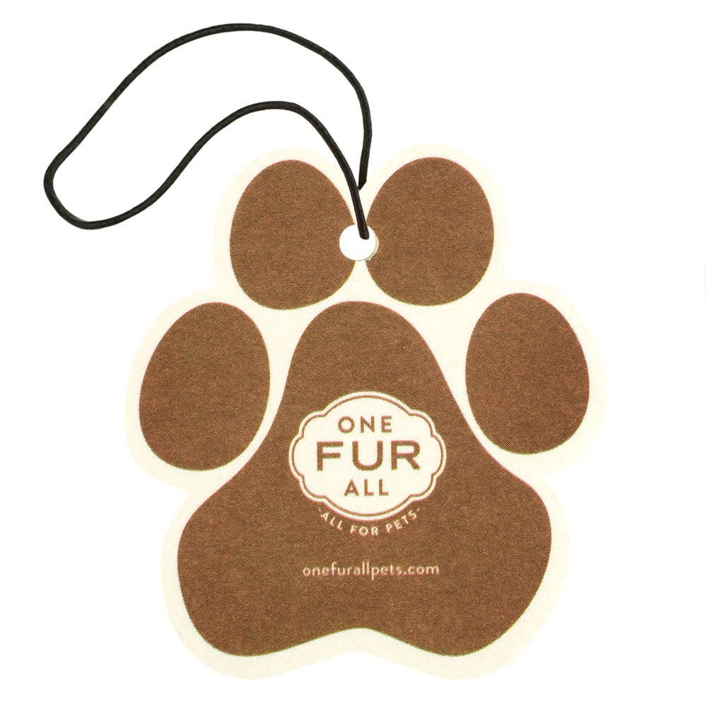 Mellow Monkey paw-shaped car air freshener in brown and cream with Evergreen Forest scent for pet owners.
