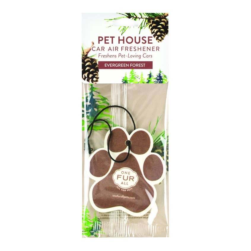Mellow Monkey Pet House paw-shaped car air freshener in Evergreen Forest scent with odor neutralizer