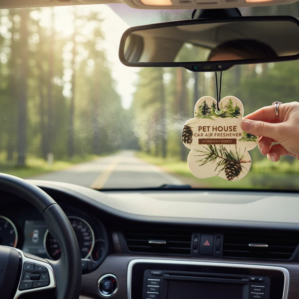 Mellow Monkey paw-shaped Evergreen Forest car air freshener hanging in a car with a scenic forest road view