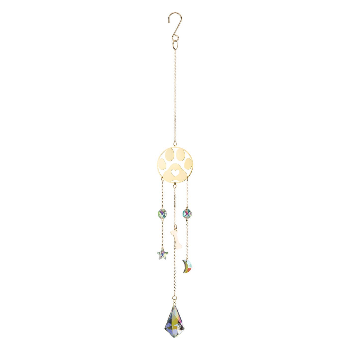 Mellow Monkey Paw Daydream suncatcher with gold chain, crystal beads, and a hanging prism for rainbow light effects.