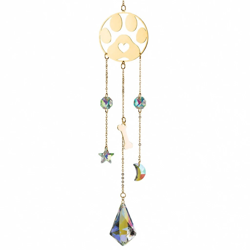 Mellow Monkey Paw Daydream Ornament Suncatcher with gold chains, healing stones, and a hanging crystal prism.