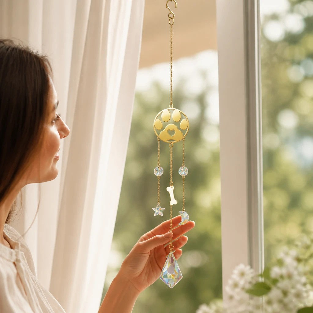Mellow Monkey Paw Daydream suncatcher with gold chain, healing stones, and crystal prism hanging in a sunny window.