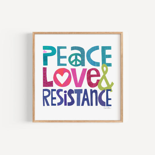 Mellow Monkey Peace Love Resistance framed art print with colorful text and a peace sign. Wood frame, 8-3/4 x 8-3/4-in.