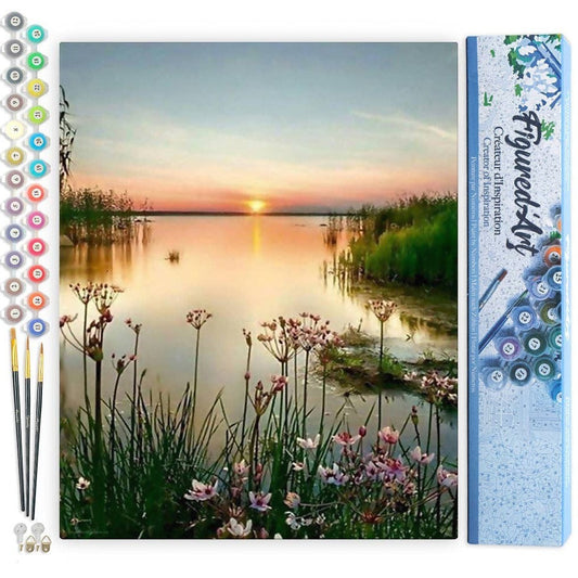 Mellow Monkey Peaceful Lake paint by numbers kit for adults, 16"x20", includes numbered canvas, acrylic paints, and brushes.