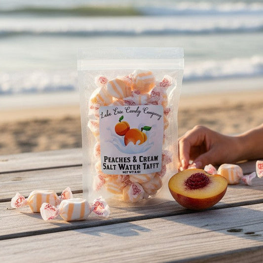 Mellow Monkey Peaches & Cream Salt Water Taffy, 6 oz bag. Individually wrapped candies with white and orange swirls.