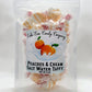 Mellow Monkey Peaches & Cream Salt Water Taffy, 6 oz bag. White and orange striped taffy.