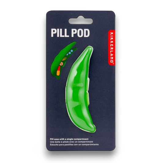 Mellow Monkey Peapod Pill Case, a green pea-shaped single compartment pill organizer in its original packaging.