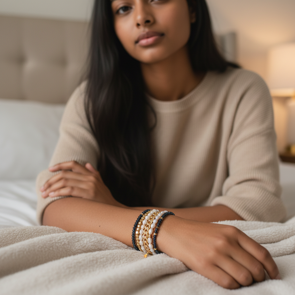 Mellow Monkey bracelet set featuring freshwater baroque pearls and indigo crystals with a 14K gold-plated charm.