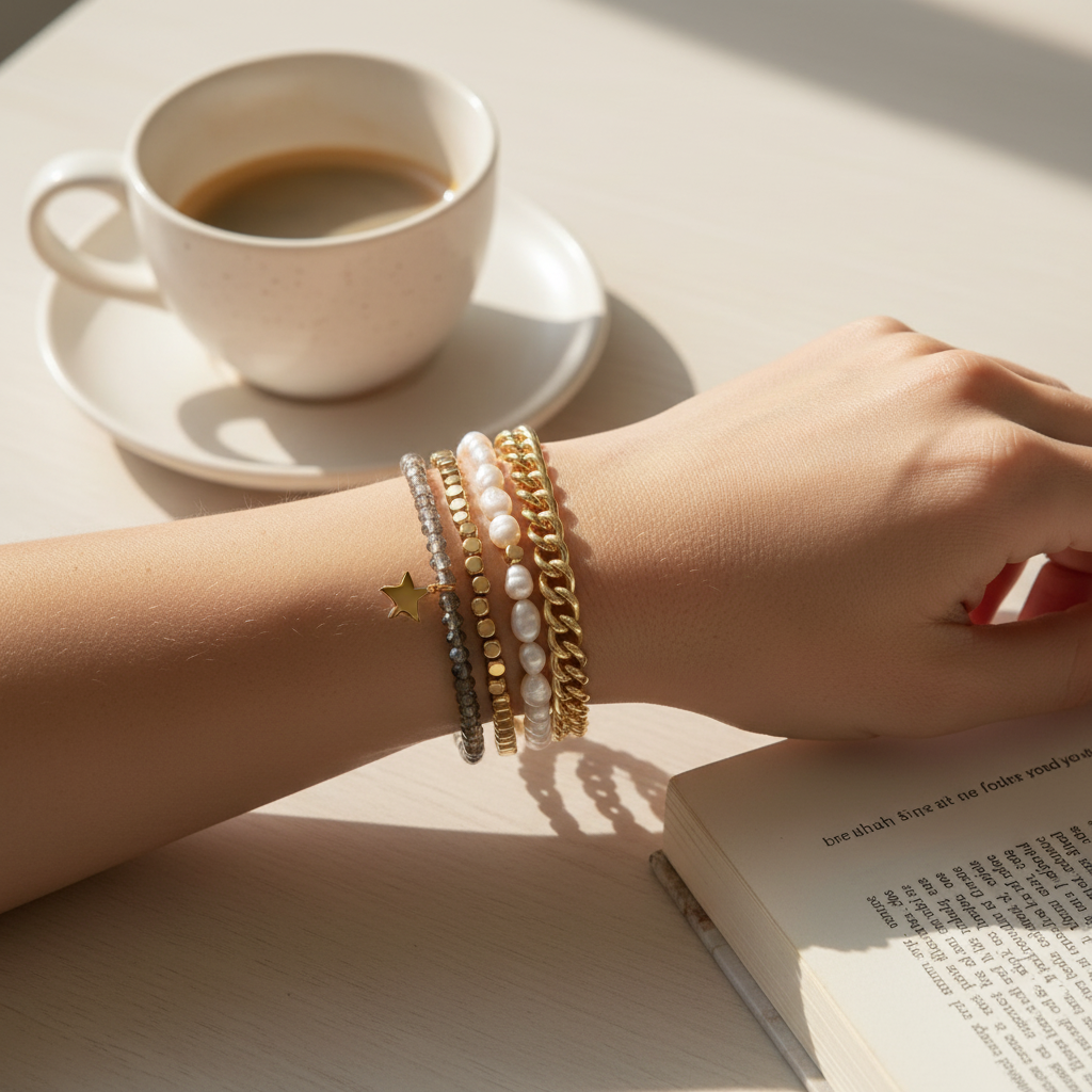 Mellow Monkey bracelet stack featuring baroque freshwater pearls, black diamond crystals, and a gold star charm.