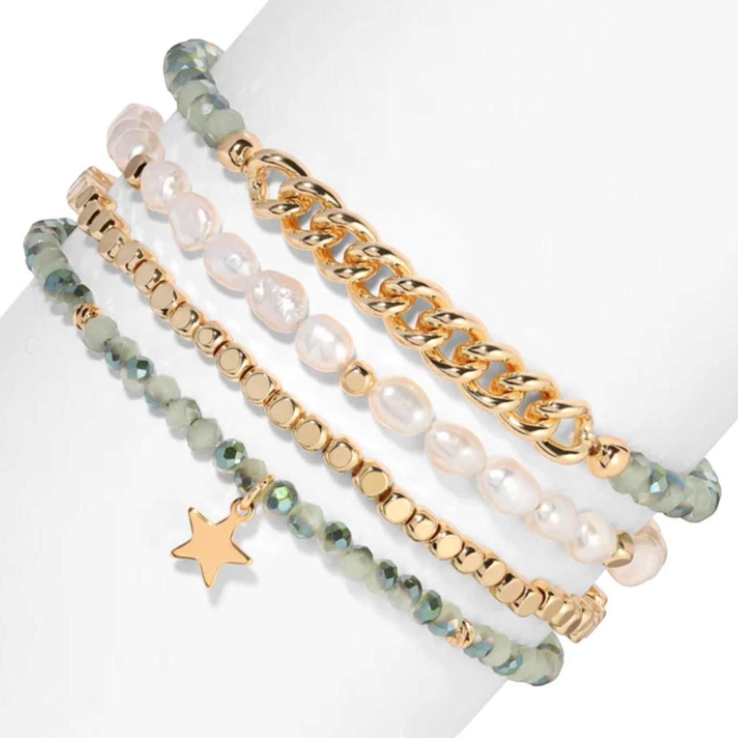 Mellow Monkey bracelet stack featuring freshwater baroque pearls, sage green crystals, and 14K gold-plated star charm.