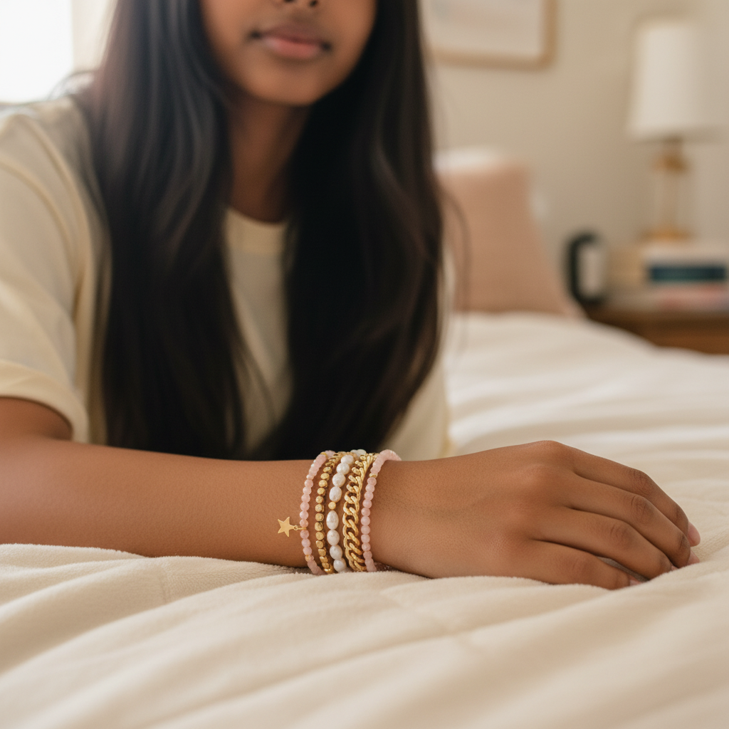 Mellow Monkey bracelet stack featuring freshwater baroque pearls, pink crystals, and a 14K gold-plated star charm.
