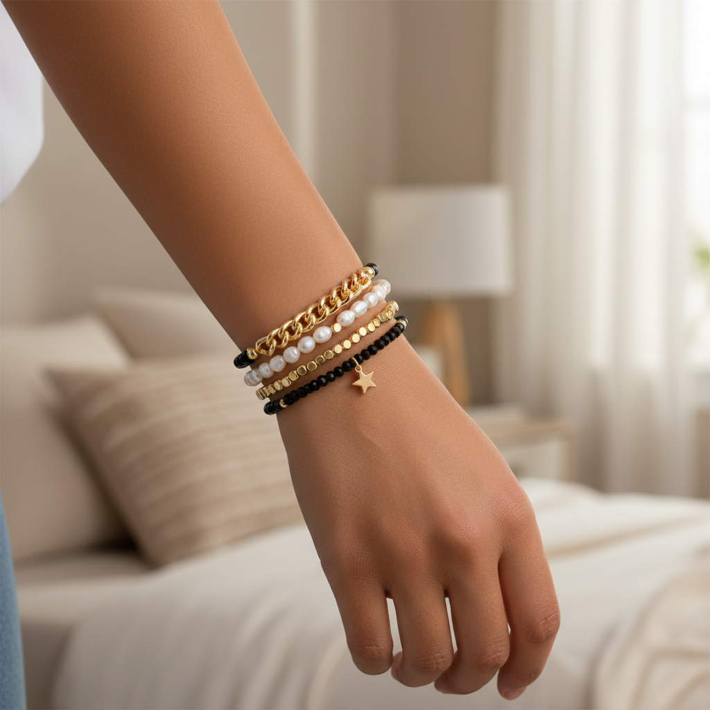 Mellow Monkey bracelet stack featuring freshwater pearls, black crystals, gold chain, and a gold star charm on a wrist