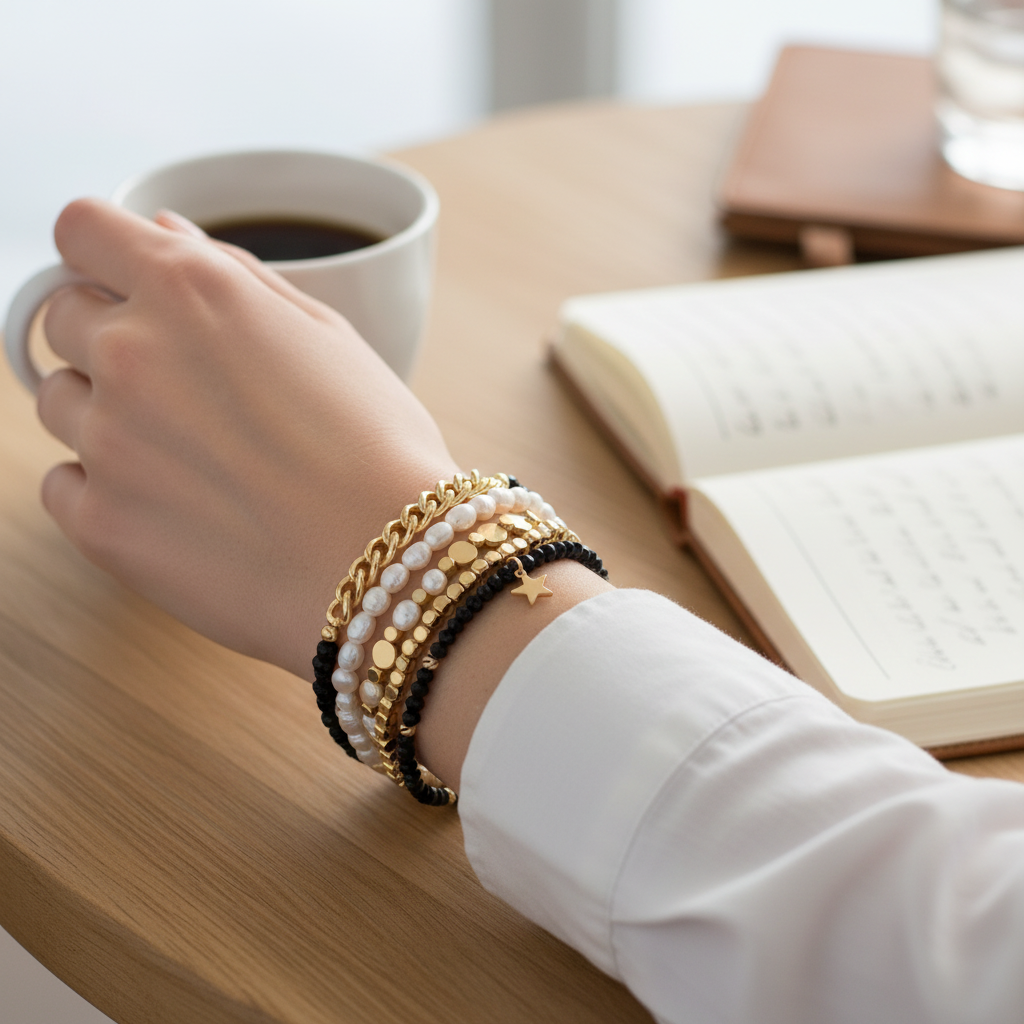 Mellow Monkey bracelet stack featuring freshwater pearls, black crystals, gold chains, and a star charm on a wrist.