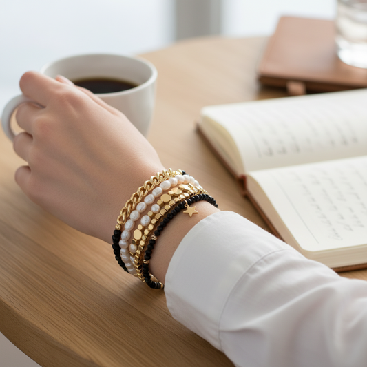 Mellow Monkey bracelet stack featuring freshwater pearls, black crystals, gold chains, and a star charm on a wrist.
