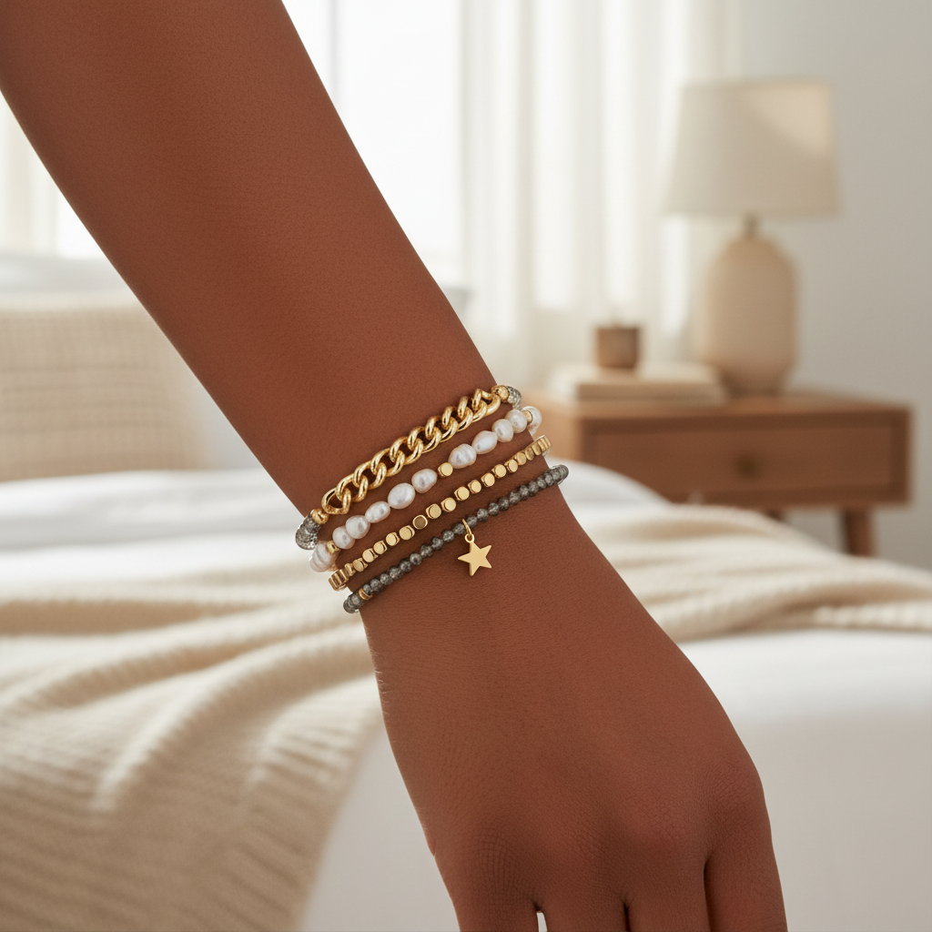 Mellow Monkey bracelet stack featuring freshwater baroque pearls, black diamond crystals, and a 14K gold star charm.