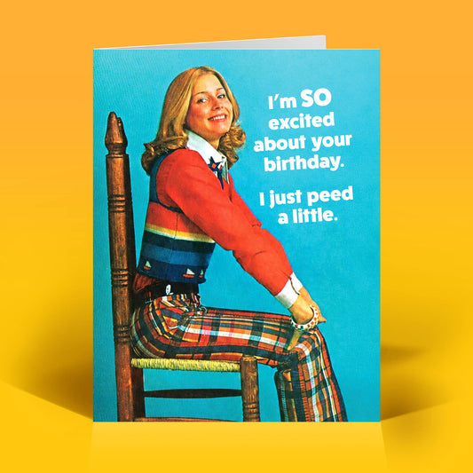 Mellow Monkey birthday card featuring a vintage-style woman in a red sweater and plaid pants on a blue background.
