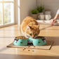 Mellow Monkey Peeking Kitty Double Pet Bowl in aqua blue with black cat faces and fish graphics. Features two stainless steel bowls.