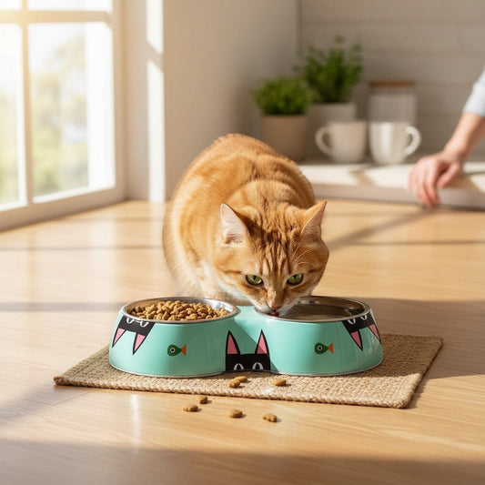 Mellow Monkey Peeking Kitty Double Pet Bowl in aqua blue with black cat faces and fish graphics. Features two stainless steel bowls.