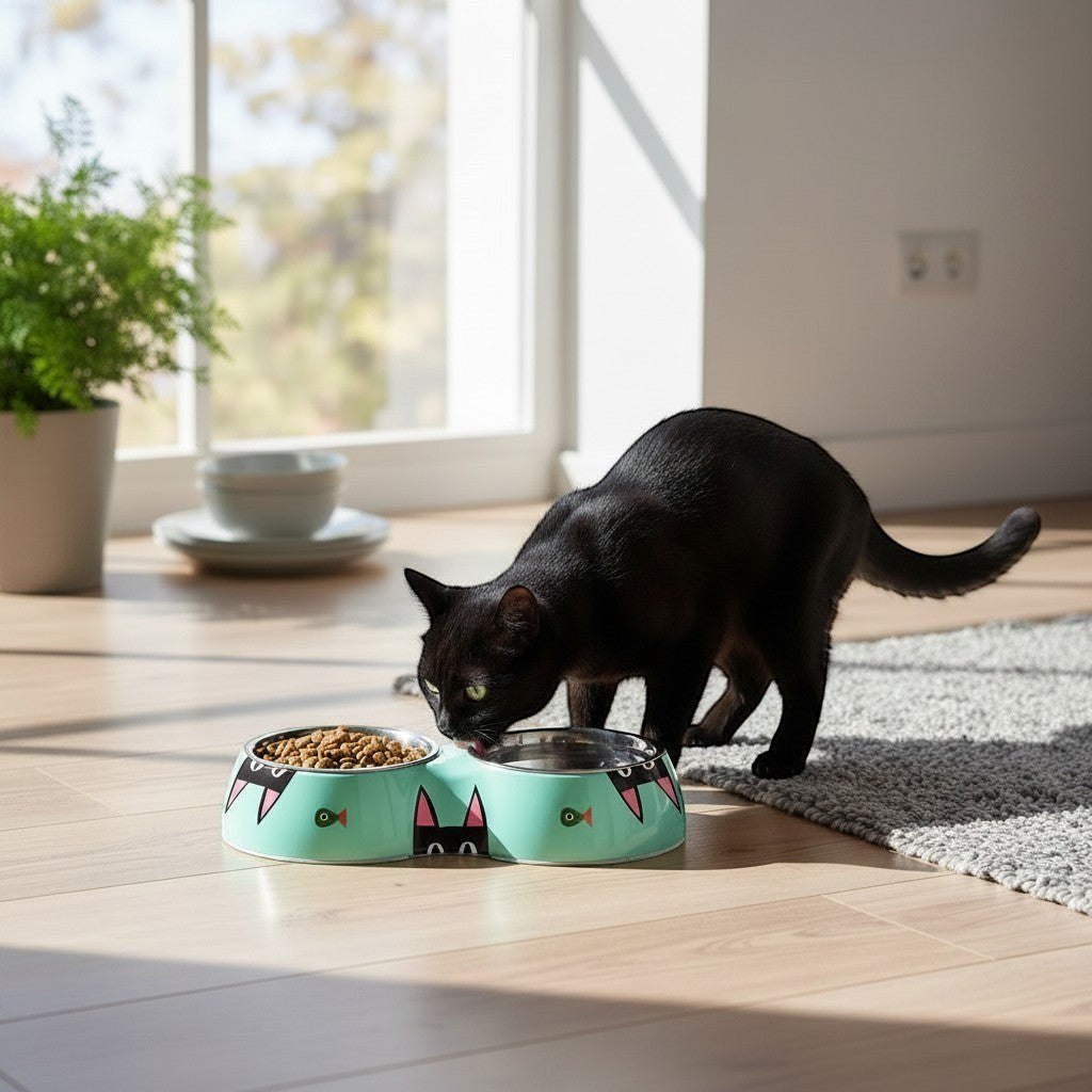 Mellow Monkey Peeking Kitty Double Pet Bowl in mint green with cat face design, holding kibble and water.