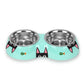Mellow Monkey Peeking Kitty Double Pet Bowl in teal with black cat faces and fish graphics. Features two stainless steel bowls.