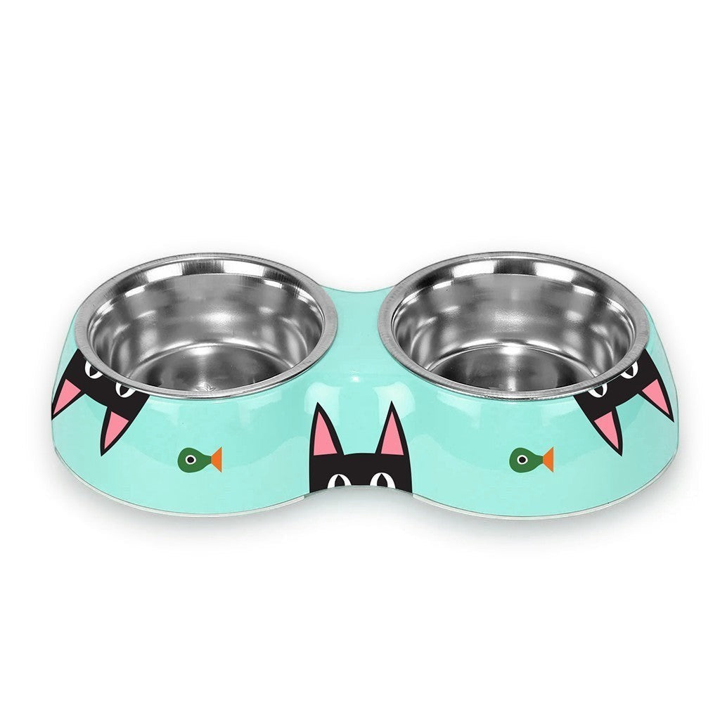 Mellow Monkey Peeking Kitty Double Pet Bowl in teal with black cat faces and fish graphics. Features two stainless steel bowls.