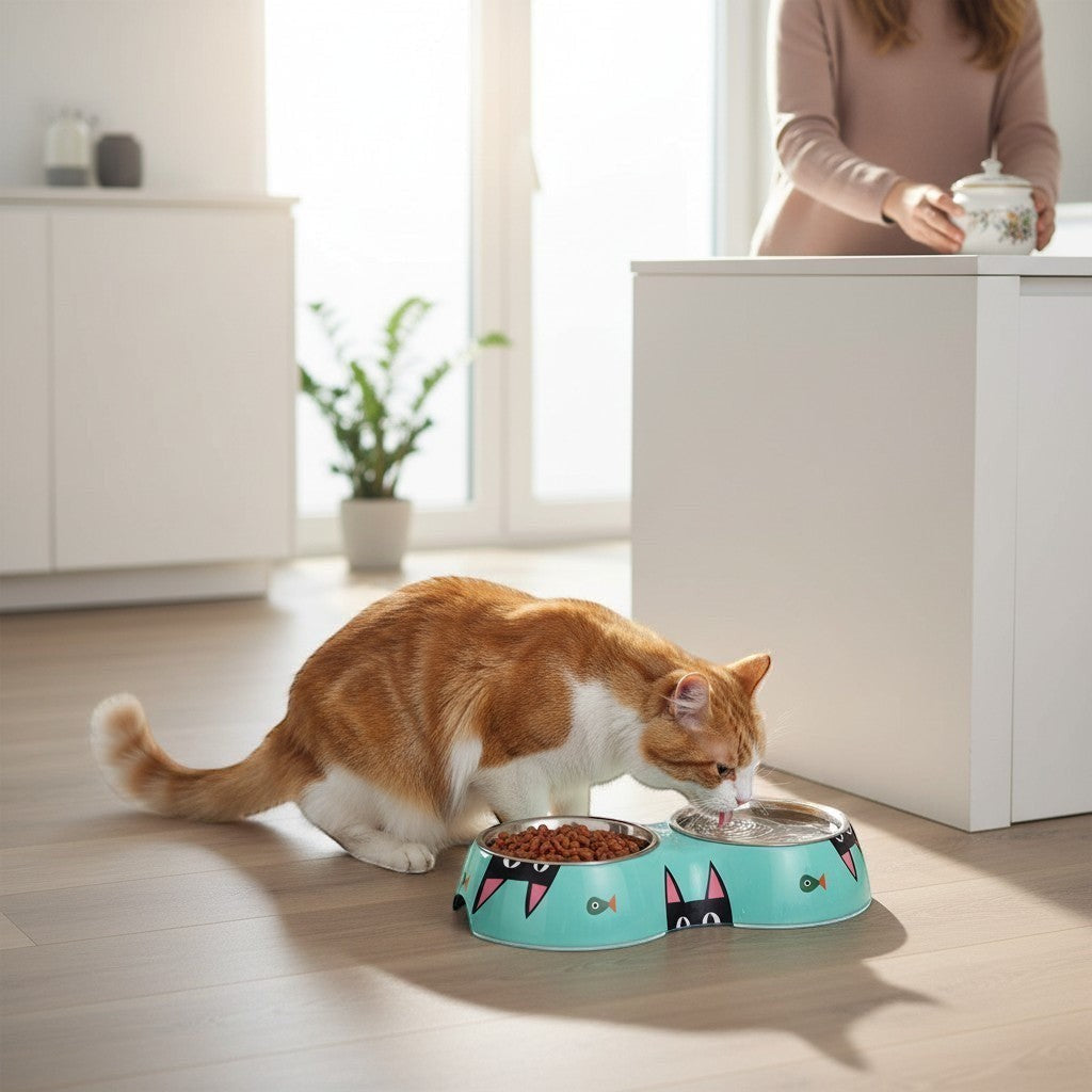 Mellow Monkey Peeking Kitty Double Pet Bowl in teal with black cat faces and fish graphics. Features two stainless steel bowls.