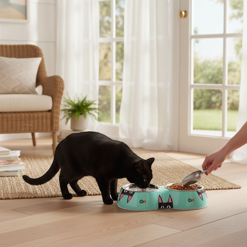 Mellow Monkey Peeking Kitty Double Pet Bowl in teal with black cat faces and fish graphics. Features two stainless steel bowls.