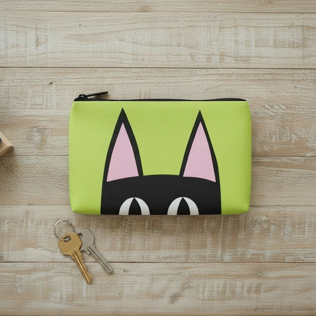 Mellow Monkey Peeking Kitty zip pouch in lime green with black cat face design. Textured PU exterior.
