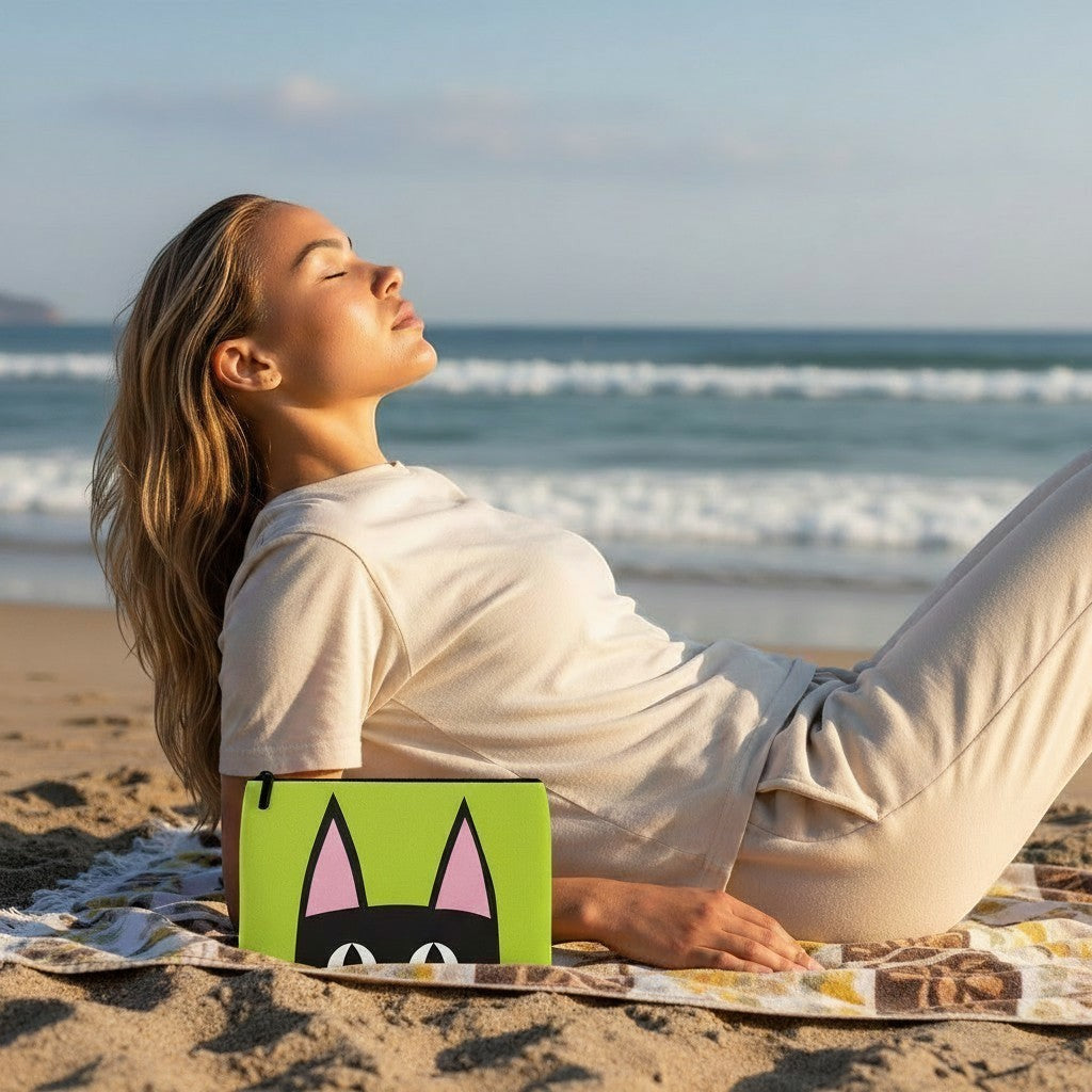 Mellow Monkey Peeking Kitty zip pouch in lime green with black cat face design, textured PU exterior, 8" x 5.25"