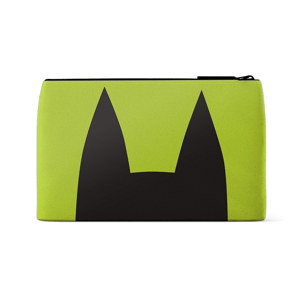Mellow Monkey Peeking Kitty zip pouch in lime green with black cat ears design. Textured PU exterior.