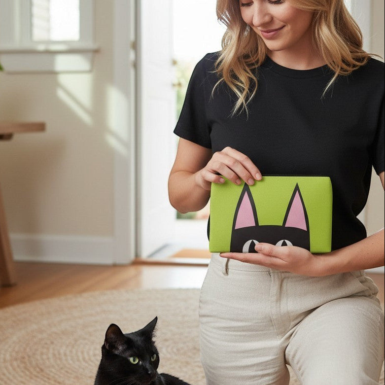 Mellow Monkey Peeking Kitty zip pouch with black cat face on lime green background. Textured PU exterior.