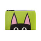 Mellow Monkey Peeking Kitty zip pouch with black cat face on lime green background. Textured PU exterior.
