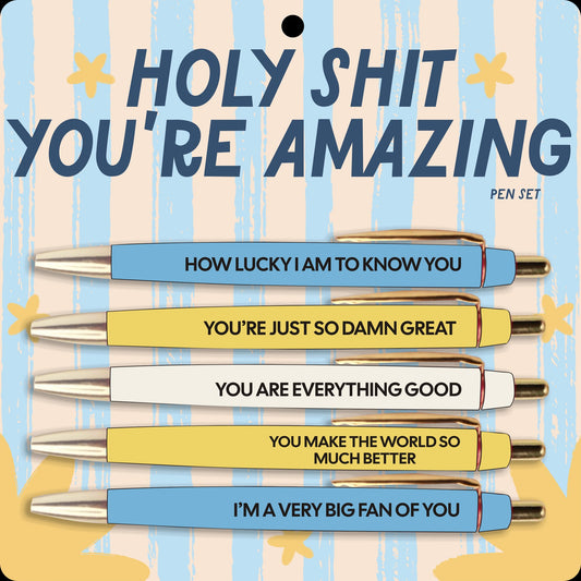 Mellow Monkey Holy Shit You're Amazing pen set featuring five colorful pens with uplifting messages on a display card