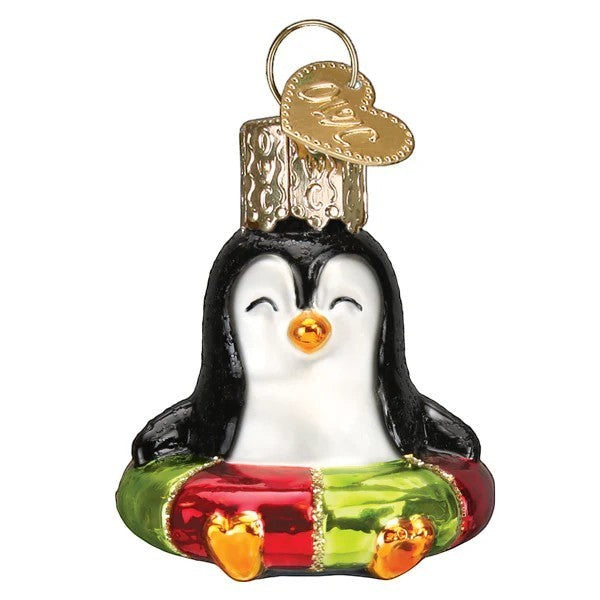 Mellow Monkey Mini Penguin Old World Christmas blown glass holiday ornament, black and white with red and green festive ring.