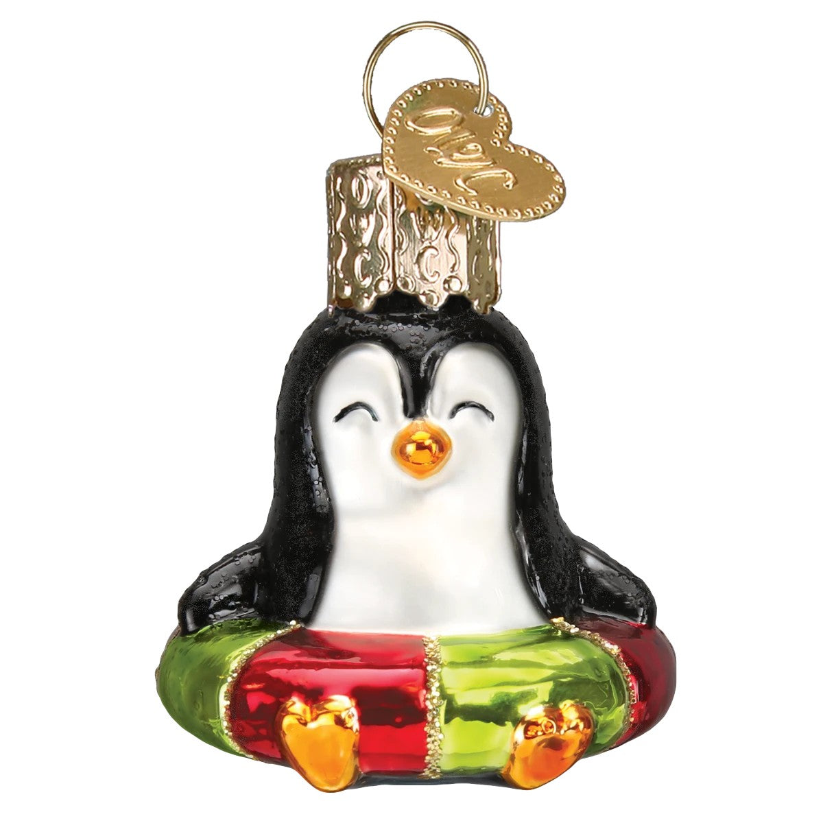 Mellow Monkey Mini Penguin Old World Christmas blown glass holiday ornament, black and white with red and green festive base.