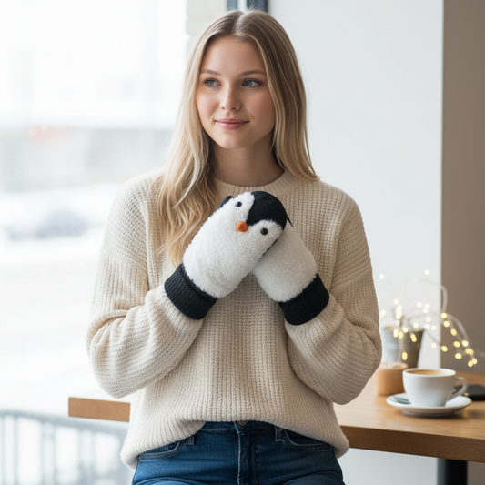 Mellow Monkey black and white penguin critter mittens worn by a woman in a cozy cream sweater indoors