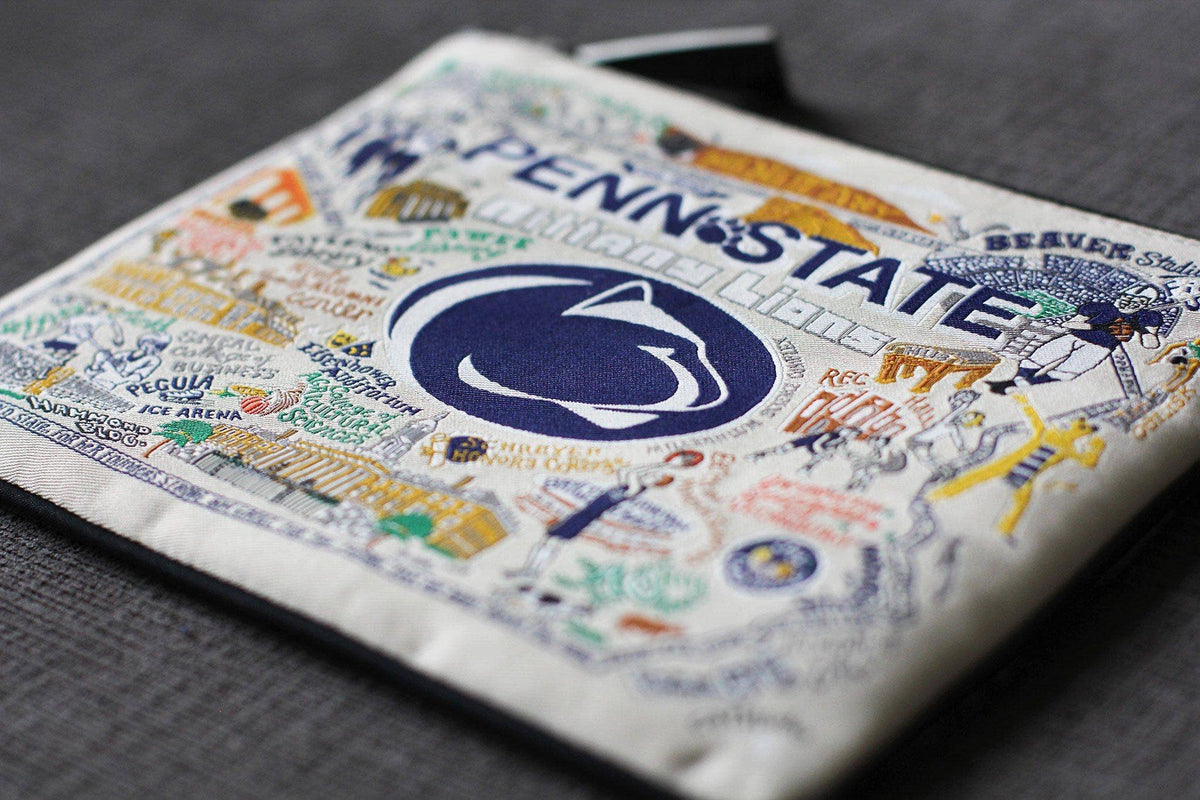 Mellow Monkey Penn State University zip pouch featuring a detailed woven map design on durable polyester fabric.