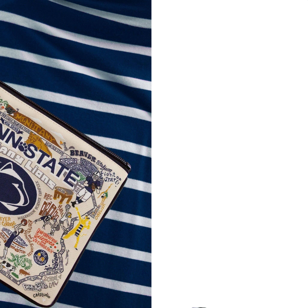 Mellow Monkey Penn State University zip pouch featuring a woven campus map design on durable polyester fabric.