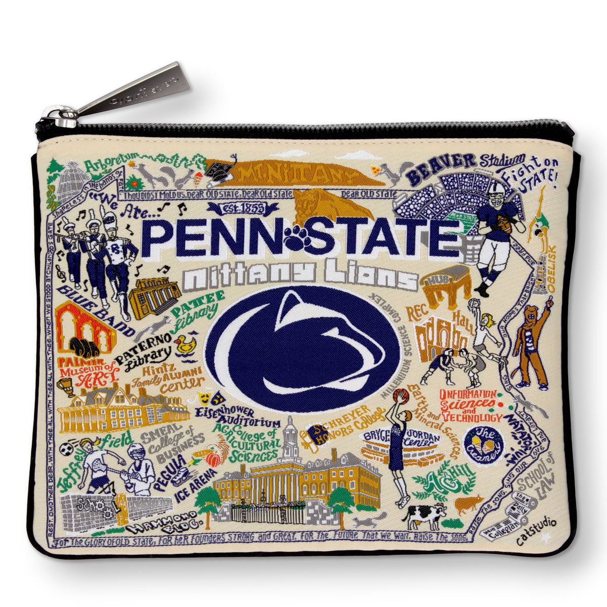 Mellow Monkey Penn State University zip pouch featuring a woven Nittany Lions campus map design on durable polyester.