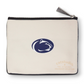 Mellow Monkey Penn State University zip pouch in cream polyester with a woven blue Nittany Lion logo and zipper pull.