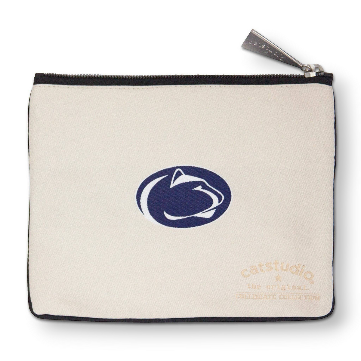 Mellow Monkey Penn State University zip pouch in cream polyester with a woven blue Nittany Lion logo and zipper pull.